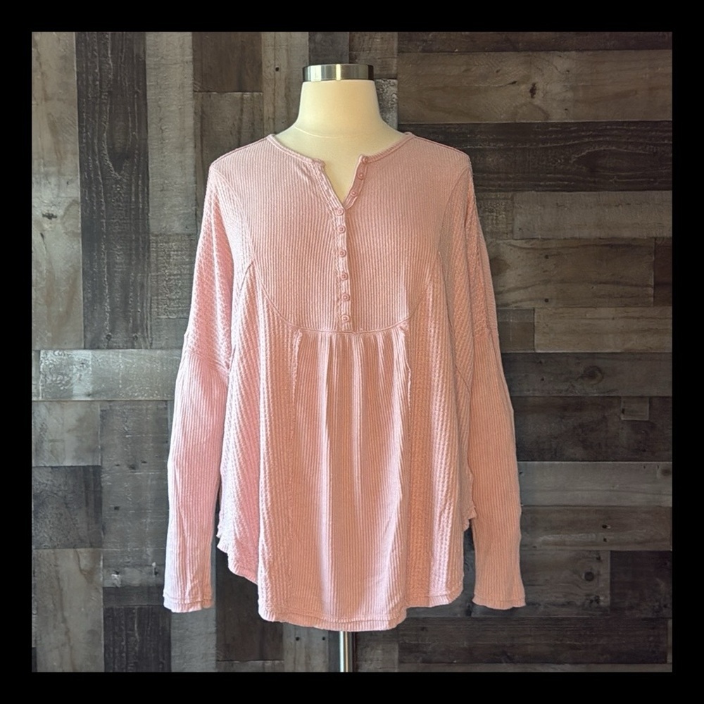 Free People dusty rose longsleeve blouse large waffle knit pastel festival boho